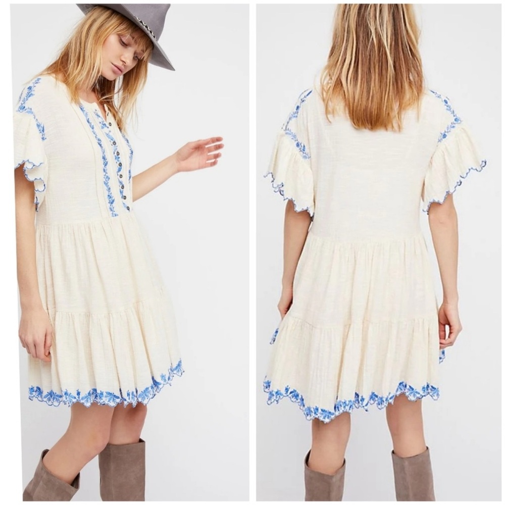 Free People Cream and Blue Mini Dress